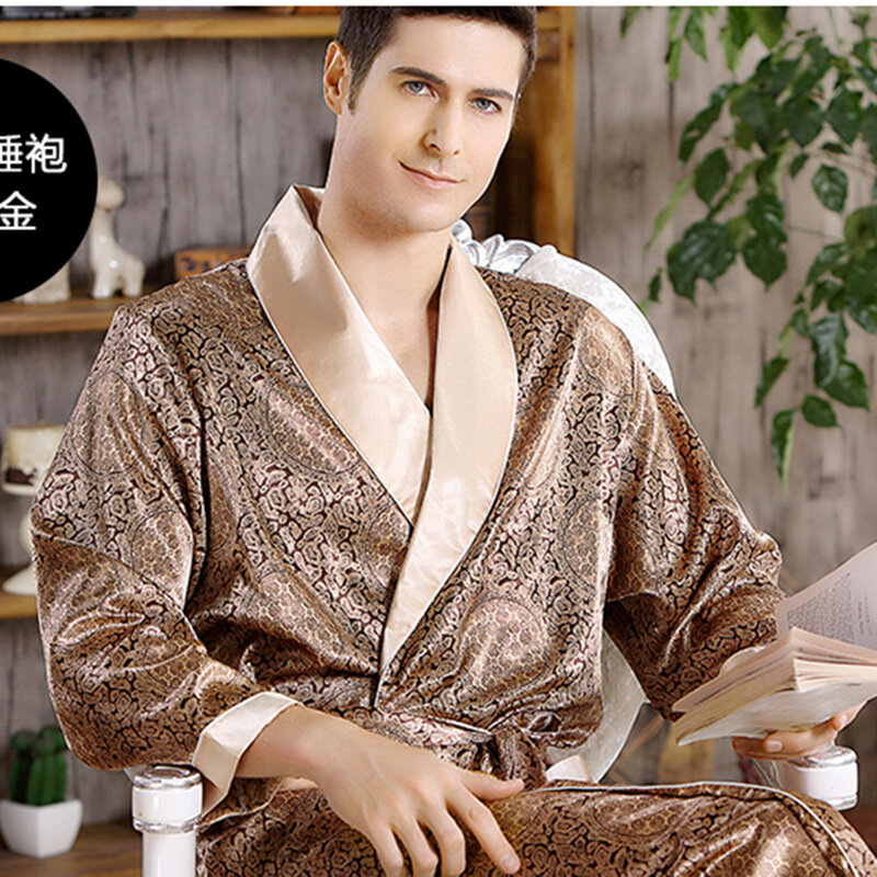 Roupão de banho masculino camisola de cetim kimono roupão de banho casual sleepwear plus size 3xl 4xl 5xl impressão ouro casa roupão