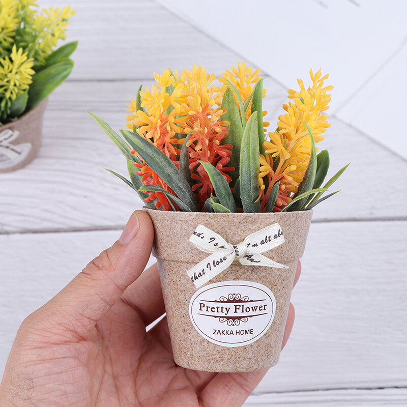 Tanaman Buatan Bunga Dekoratif Dekorasi Rumah Bunga Palsu Kecil Mini Pot Bonsai Tanaman Hijau 1 Set dengan Vas