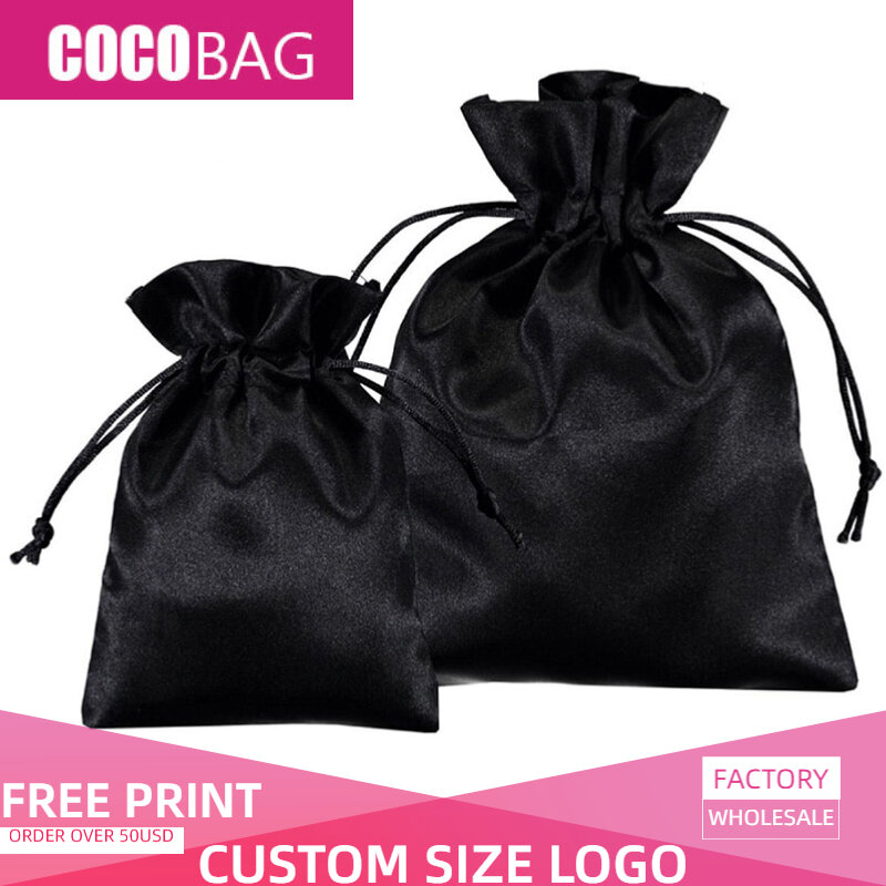 Bolsas de satén de seda de lujo extensiones de cabello joyería/pelucas/bolsa regalo maquillaje logotipo personalizado bolsa con cordón