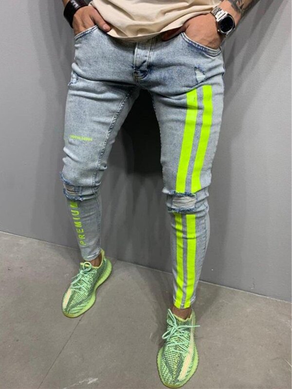 Jeans Sobek Pengendara Motor Celana Panjang Kerja Hip Hop Antik Cuci Lubang Denim Ritsleting Bergaris Kurus Pria Jeans Cetak Ramping Ukuran Besar Eropa