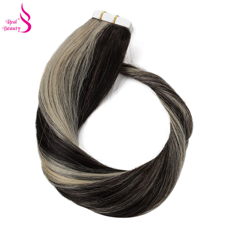 Real Beauty 20 sztuk prosto taśma samoprzylepna w do przedłużania włosów bez szwu niewidoczny brazylijski Remy ludzki włos Blond włosy Balayage kolor