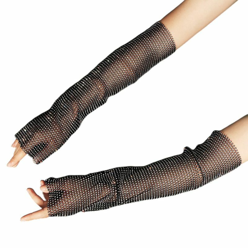 Женские полные блестящие перчатки Стразы с рукавами Летние солнцезащитные перчатки для ночного клуба с полыми клетчатыми сетчатыми искусственными перчатками