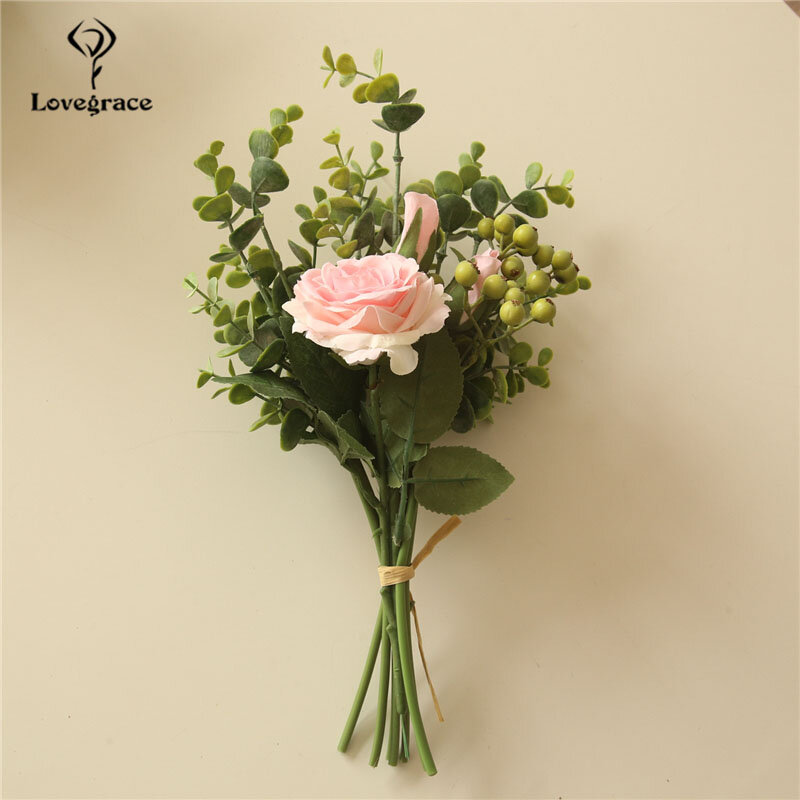 Lovegrace-ramo de flores de seda Artificial para novia, flores de boda, dama de honor, rosa, hojas de eucalipto, centro de mesa, accesorios