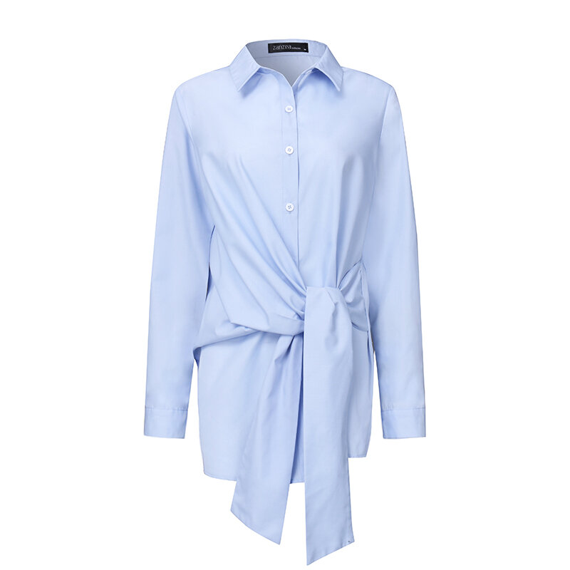 ZANZEA-Camisa de manga larga con cordones para mujer, Blusas asimétricas elegantes con cuello de solapa, para primavera