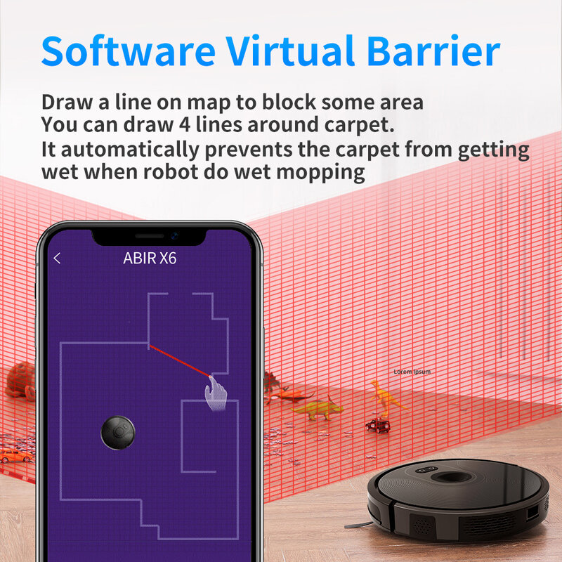 ABIR X6 Roboter-Staubsauger mit dreifacher visueller Navigation, 6000-Pa-Absaugung, virtueller Software-Wand, Zonenreinigung, Desinfektion durch Nasswischen, Kartenspeicher, kompatibel mit Alexa, Google Home