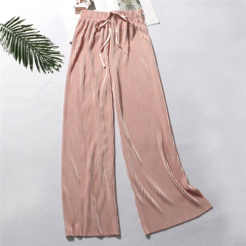 Брюки женские с широкими штанинами, повседневные Модные свободные длинные плиссированные штаны с эластичной высокой талией, лето 2023