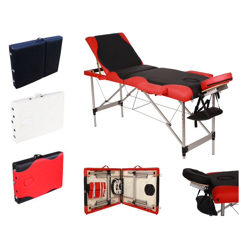 Складная кровать для красоты с алюминиевой трубкой, массажный стол для спа, бодибилдинга, 84 дюйма, 3 секции, 185x60x81 см, черный с красными краями