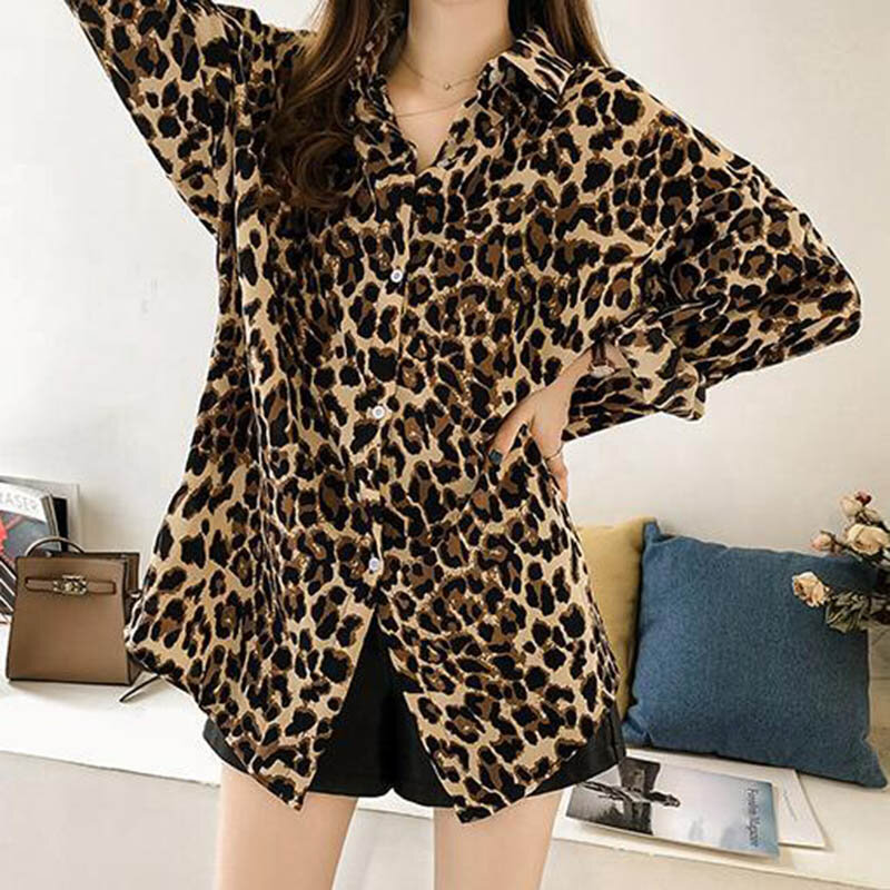 Camisa leopardo feminina manga comprida com gola V, tops femininos e blusas, streetwear elegante, blusa OL solta, moda