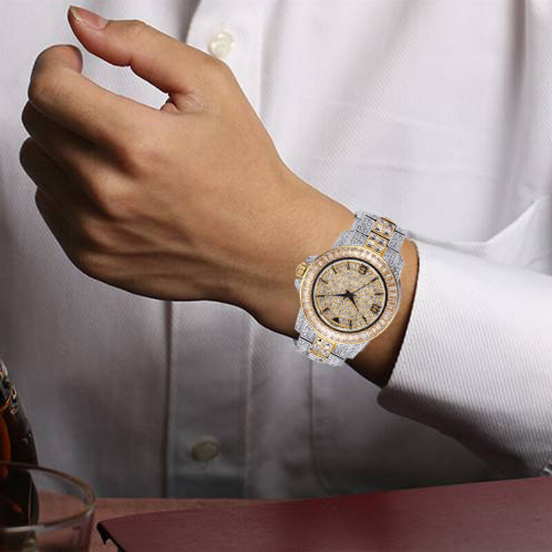 Orologio da uomo in oro 18 carati ruolo iced-out orologi al quarzo da uomo Hip Hop Bling Full Diamonds Clock ore in acciaio inossidabile Reloj Hombre 2021