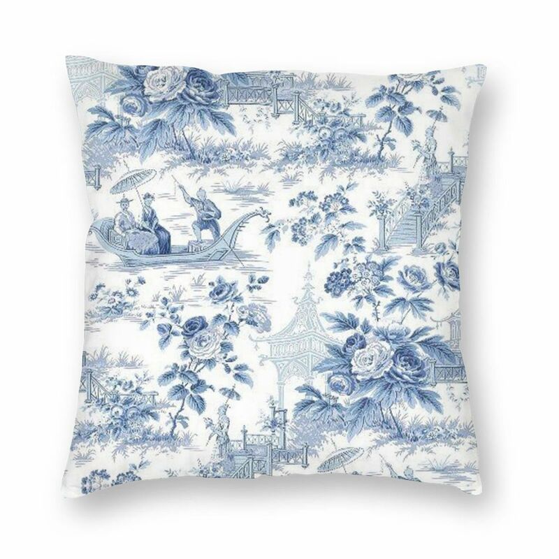 Funda de almohada cuadrada de lino y poliéster, cubierta decorativa de terciopelo con cremallera, color azul polvo, Chinoiserie Toile, 45x45