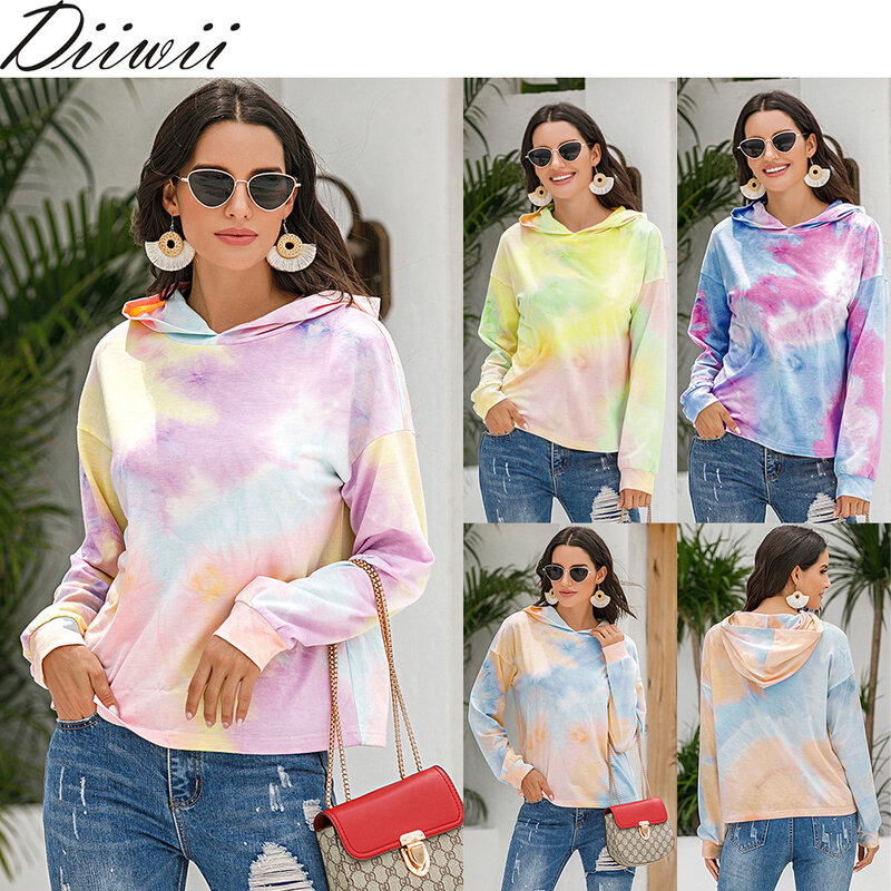 Diiwiiใหม่หลวมเซ็กซี่Tie-Dye Gradientพิมพ์Hooded Sweatshirtผู้หญิงเสื้อ