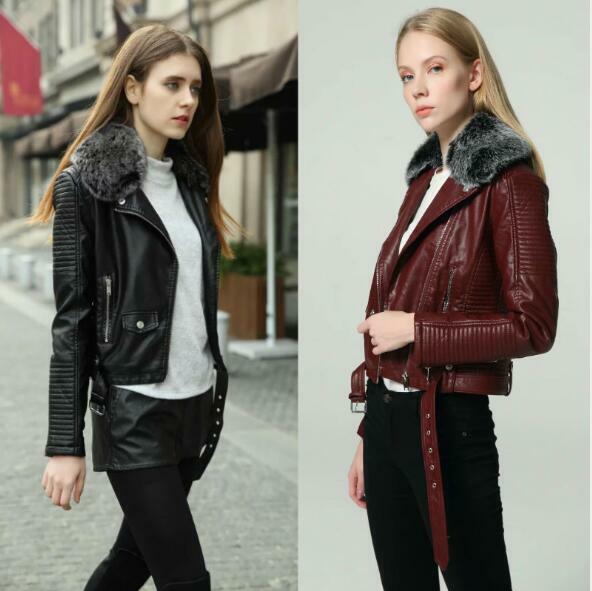 Lanxirui moda gola de pele jaqueta básica casaco outerwear preto falso casaco de couro pu jaqueta de couro feminino