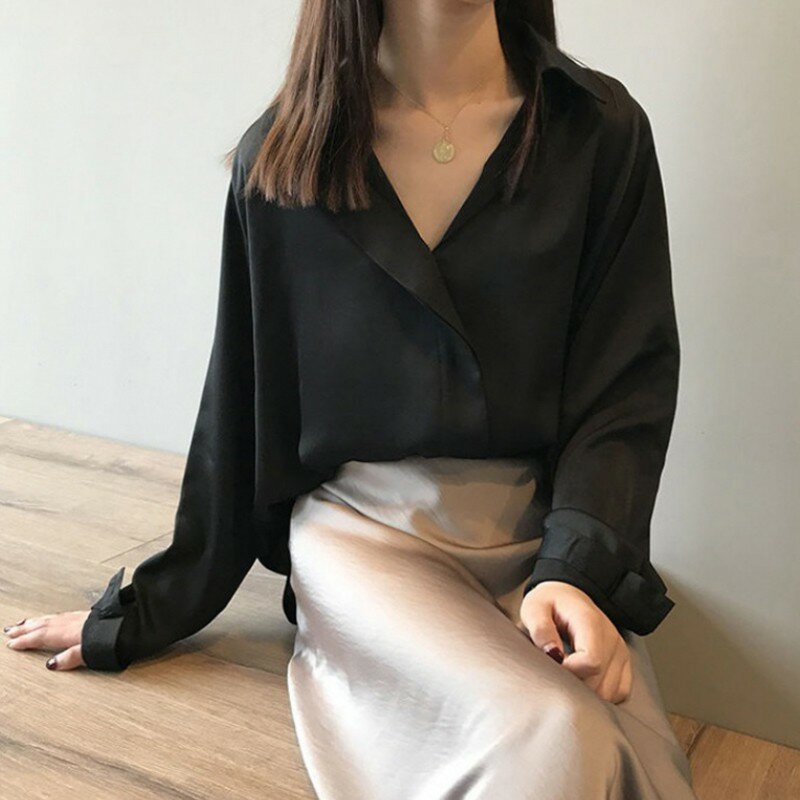 Женская рубашка с V-образным вырезом, однотонная Свободная блузка с длинным рукавом в Корейском стиле, винтажные шикарные топы цвета шампанского