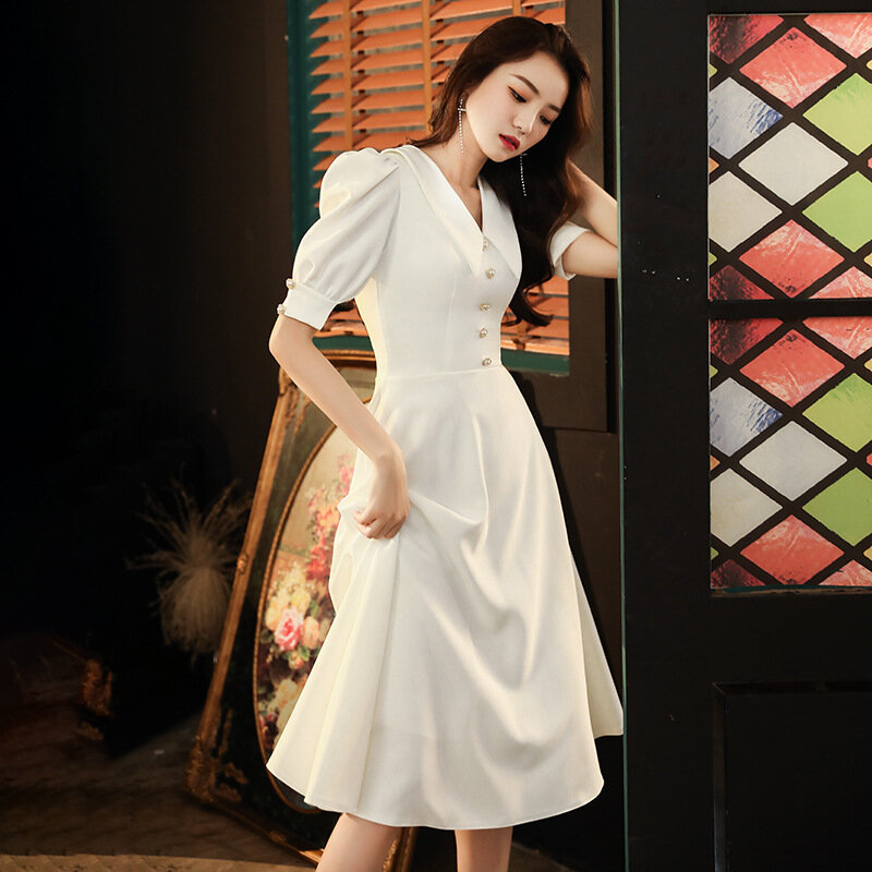 Branco vestido de noite francês elegante puff manga fina a linha midi comprimento vestidos de festa de aniversário das mulheres