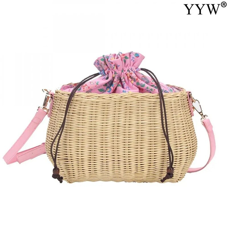 Straw Bag Women Woven Shoulder Bag Flower String Bow Rattan Bag Big Capacity Drawstring Casual Beach Shoulder Crossbody Bag