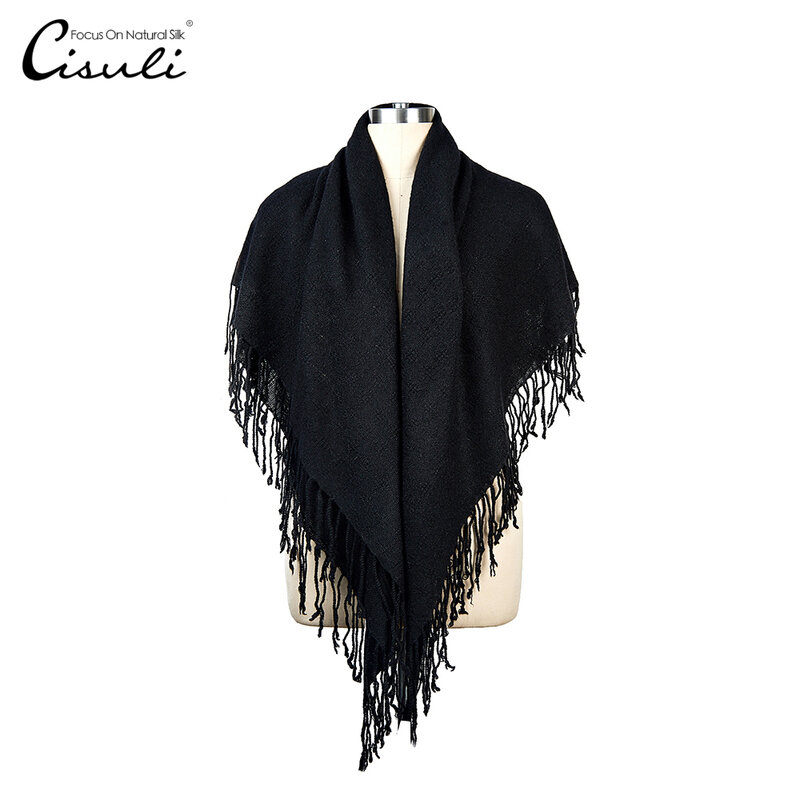 CISULI-chal cuadrado de lana para invierno, bufanda cálida de alta calidad, color negro, 100% cm, 122x122cm