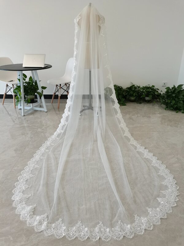 White or ivory one layer veil lace cathedral wedding veil sequin lace shiny bridal wedding veil
