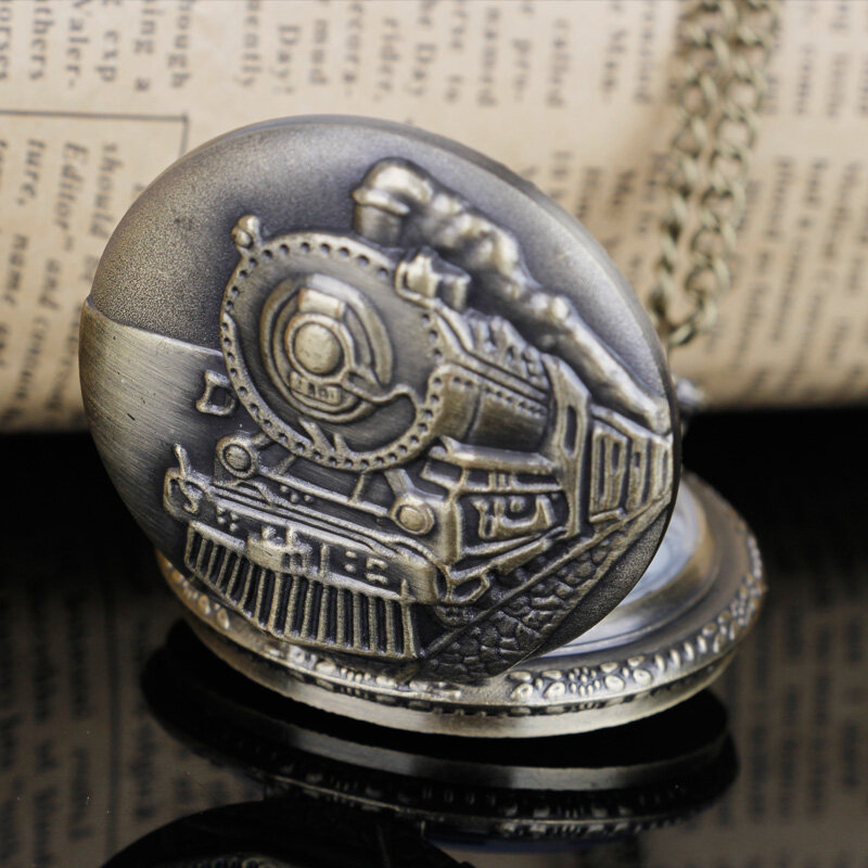 Montre de poche à motif de train en bronze, mouvement à quartz, collier pendentif, cadeaux unisexes