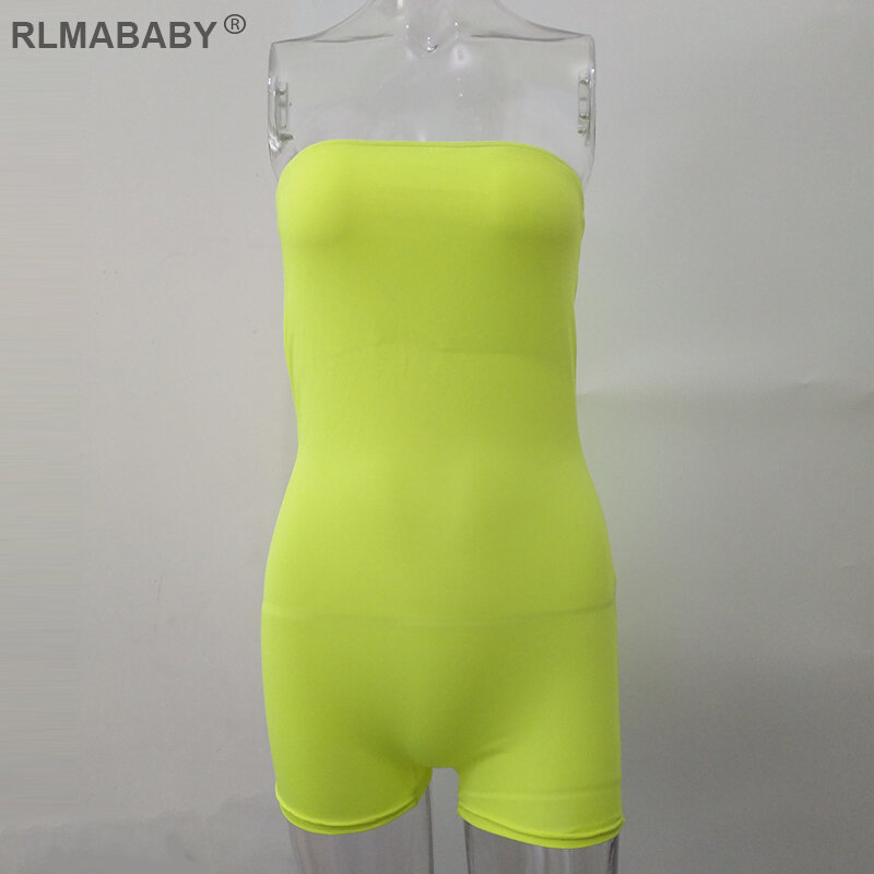 RLMABABY – combishort Sexy sans bretelles, couleur fluorescente, épaules dénudées, barboteuse moulante pour femmes, combinaison d'été décontractée