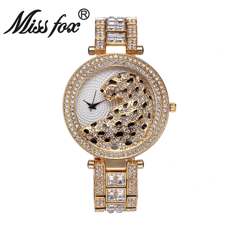 MISSFOX ผู้หญิงควอตซ์นาฬิกาแฟชั่น Bling นาฬิกาสุภาพสตรีนาฬิกาควอตซ์หญิงนาฬิกาคริสตัลเพชรเสือดาวนาฬิกาผู้หญิง