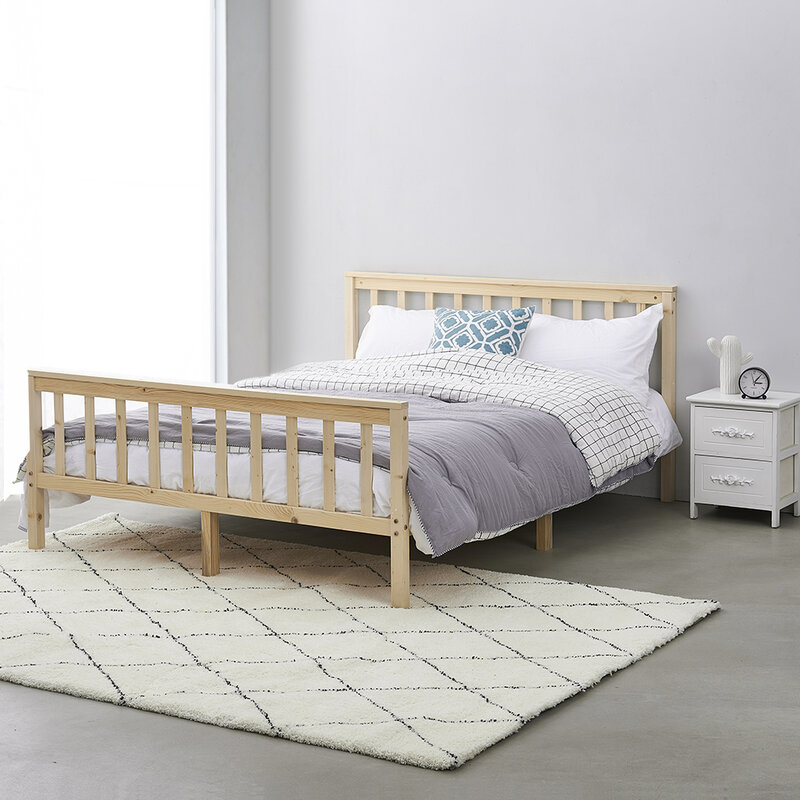 Panana puro sólido de madera cama doble adultos cama de niños 4FT6 cama de madera maciza Blanco/Natural