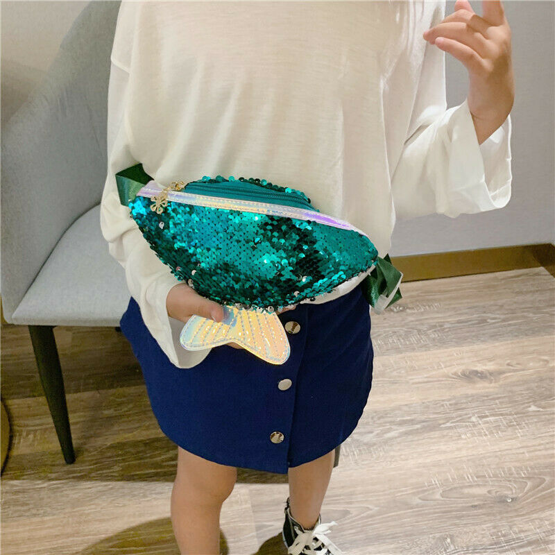 Kids Girls Fashion Sequin Waist Bag Single Shoulder Chest Bag Mobile Coin Purse Glitter Mermaid Crossbody Bag Handbag Wallet