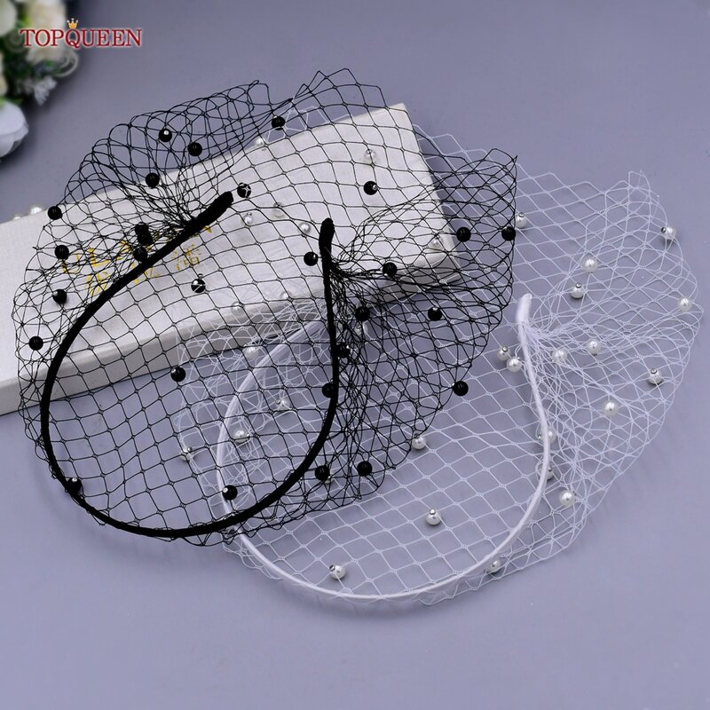 TOPQUEEN VA06 Face Veil Russian Tulle Cage Veil with Rhinestones Simple Detachable Blusher Veil Pearls Birdcage Veil on the Face