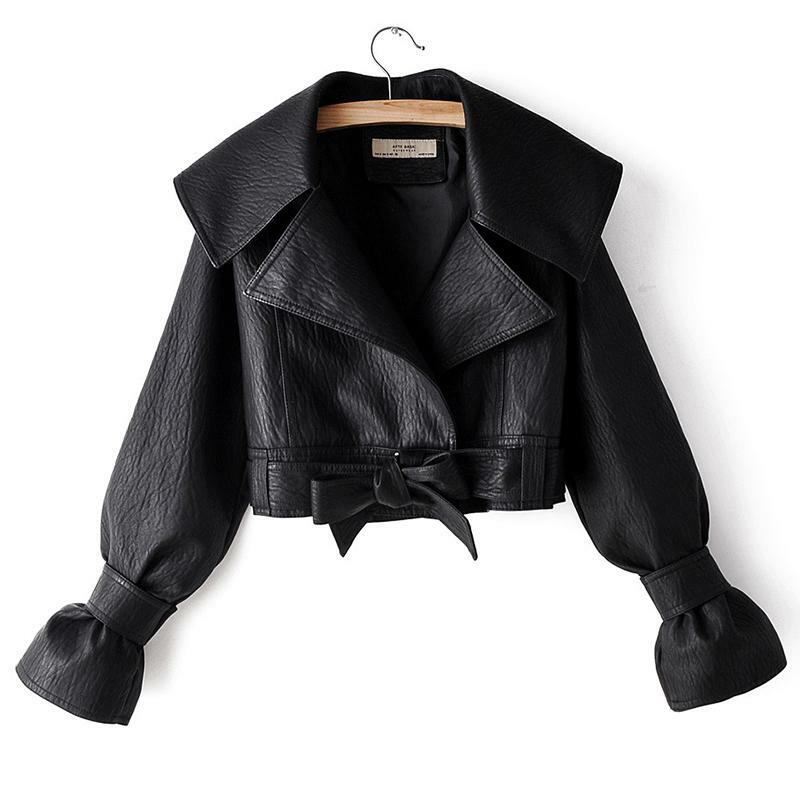 Jaqueta curta de couro falso para mulheres, casaco solto de motociclista, couro macio, gola de virada para baixo, cinto preto, vermelho, outwear de motocicleta, outono