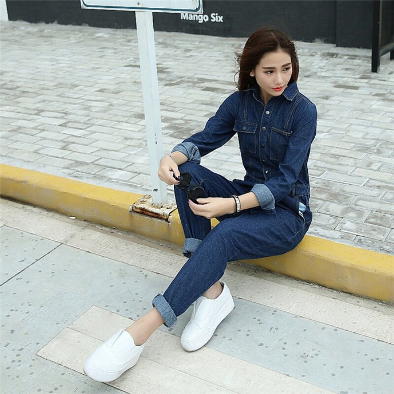 Fashion Ladies Vintage Navy Blue Jean Overalls Single Breasted Full Sleeve Denim Overall Jumpsuits For Women Office Lady Pockets
