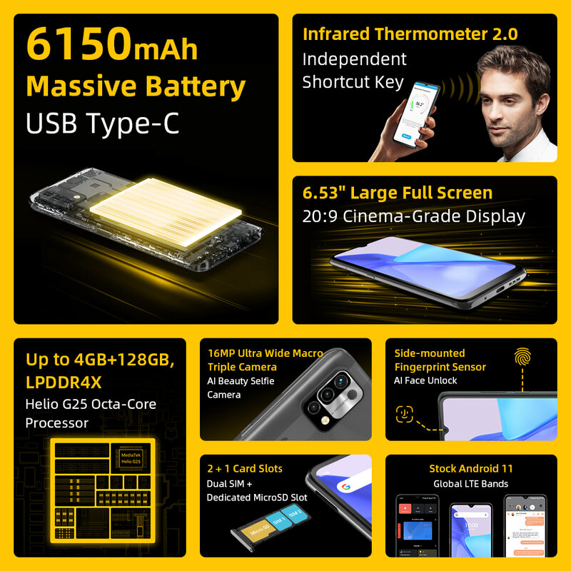 متوفر UMIDIGI Power 5 أندرويد 11 هاتف ذكي 128GB هيليو G25 16MP كاميرا ثلاثية 6150mAh 6.53 ''عرض النسخة العالمية الخلوية