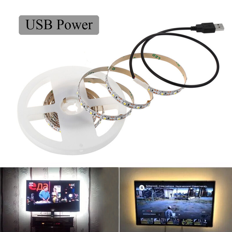 Bande lumineuse flexible à 60LED, 5V, alimentée par batterie, USB 2835, étanche, lumière blanche chaude, éclairage de fond TV, veilleuses