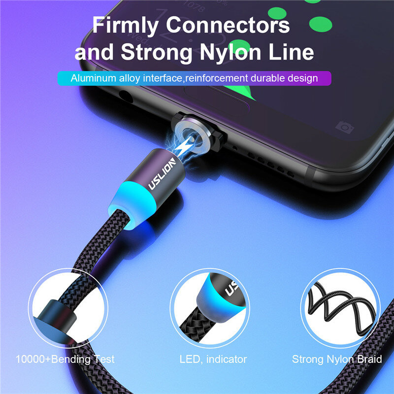 USLION-마그네틱 USB 케이블, 아이폰 14, 13, 샤오미 삼성용 c타입 케이블, LED 고속 충전 데이터 충전 마이크로 USB 케이블 코드 와이어