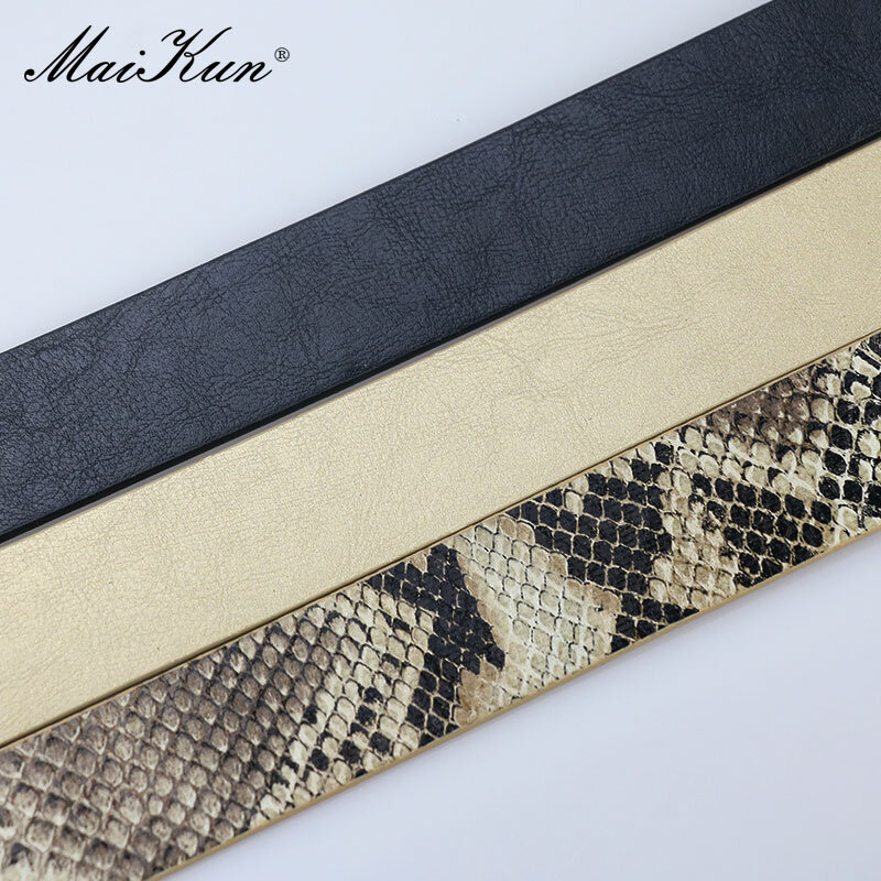 Cintos Maikun com fivela de pino para mulheres, cintura de couro PU, cinto de cobra, alta qualidade