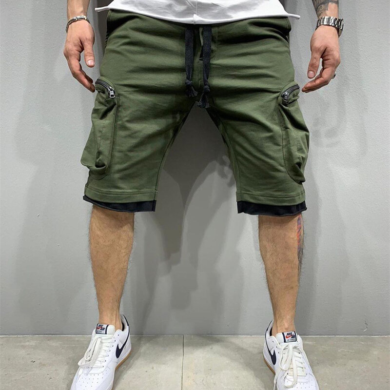 New Summer Fitness Shorts For Men Multi-Pocket Sport Breathable Casual Hip-Hop Tie Up Solid Color Street Work Straight Leg Five