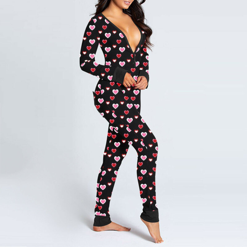 Sexy Christmas Pajama for Women New Year Jumpsuit Button-down Front Back Butt Bum Open Ass Flap Jumpsuit Xmas Print Loungewear