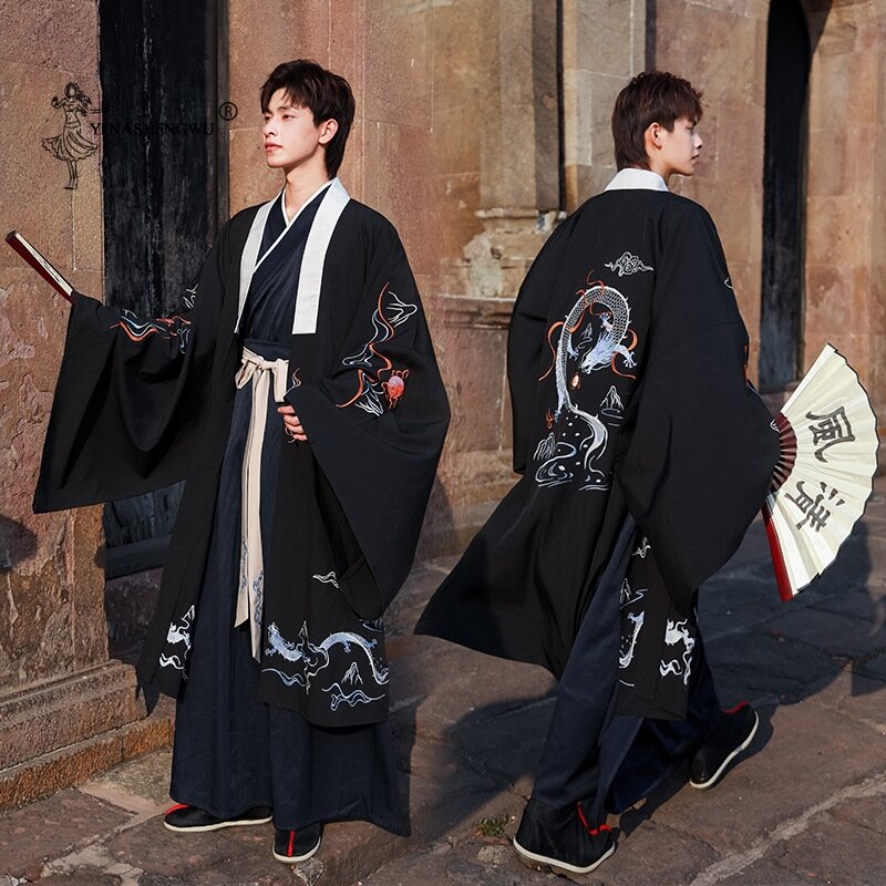 男性のための伝統的な服のセット,中国の漢服のパフォーマンスセット,ドラゴンプリントの原宿,アンティークのヴィンテージ
