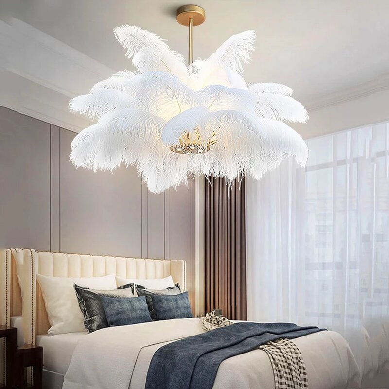 Kobuc – lampe LED suspendue en plumes d'autruche, design nordique moderne, luminaire décoratif d'intérieur, idéal pour un salon, une chambre à coucher ou une chambre à coucher, 80cm de diamètre