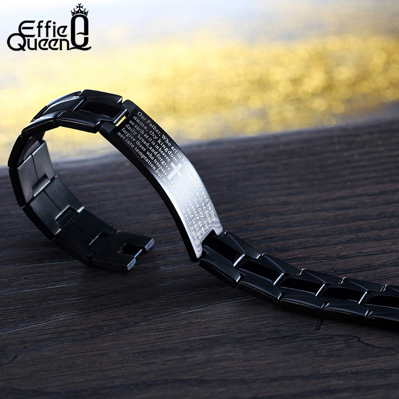 Effie Quee Cross Pattern Stainless Steel Bracelet in Black Color Scripture Religious Wristband Bracelet Fashion Accessories FB57