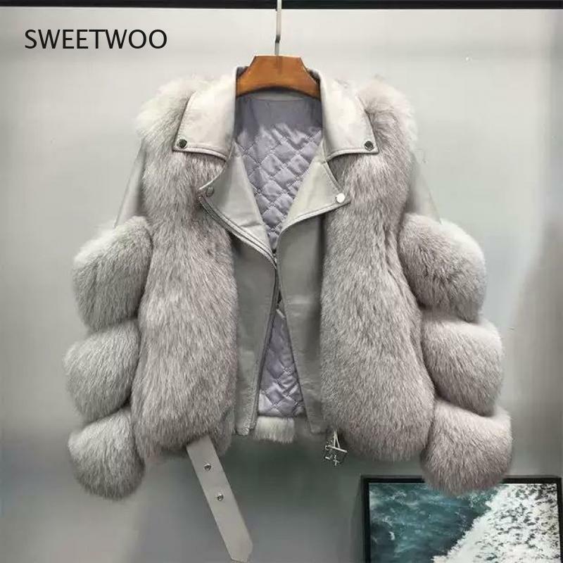 Abrigos de piel de imitación de zorro para mujer, chaqueta de piel sintética con cuello vuelto, prendas de vestir cálidas de lujo para invierno, 2021