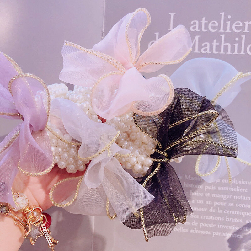 Koreański perłowy opaska do włosów elastyczne gumki do włosów opaska dziecięca motylkowy węzeł Hairbands luksusowa biżuteria chluba akcesoria dla kobiet dziewczyn