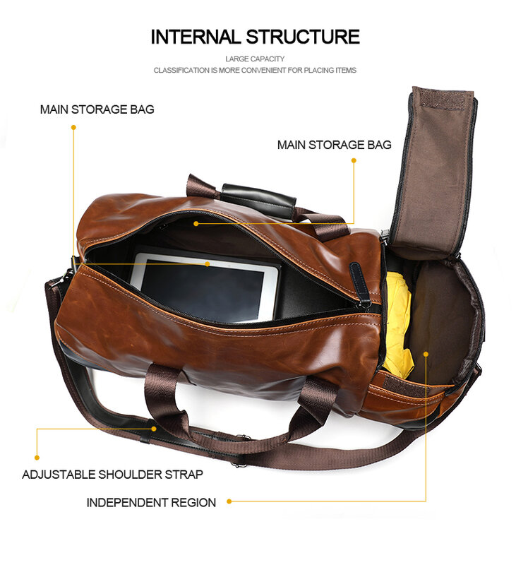 Xiao.P Brand Retro Brown Bucket Travel Bags Large Crazy Horse PU Leather Handbags Shoulder Bag Men Gym Duffle Bag