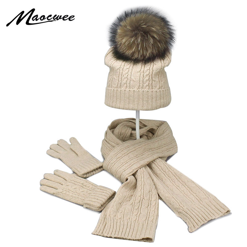 Real Fur Pompom Winter Knitted Hats For Women Hat Scarf Glove Set 3 Piece Sets Twist stripes Cap Gorros Bonnet Beanie Skullies