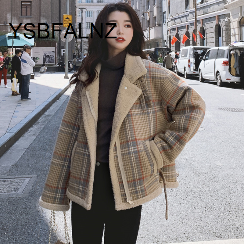 Xadrez casaco de lã de cordeiro feminino curto 2021 outono e inverno selvagem nova versão coreana de lã solta grosso mais casaco de veludo
