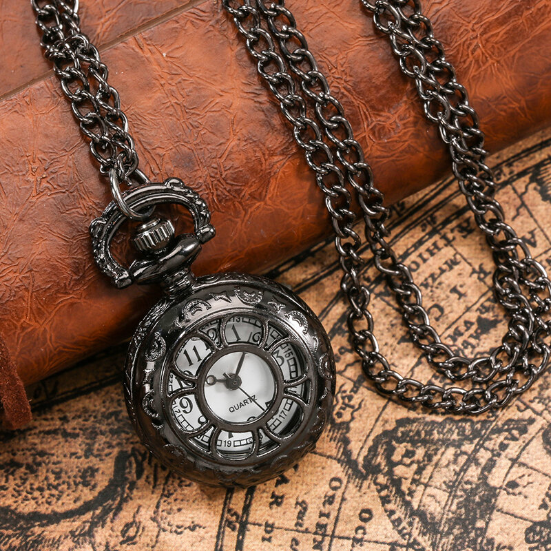 Exquisito reloj de bolsillo con collar de flor hueca negra para hombres y mujeres, reloj de bolsillo con colgante pequeño y encantador, esfera con números árabes