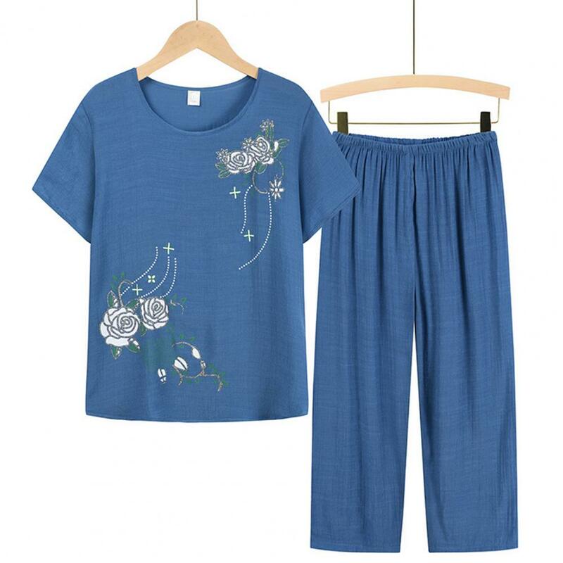 여성 라운지웨어 세트, 반팔 꽃무늬 프린트 티셔츠, 바지 바지, 루즈한 투피스 세트, 중년 여성 정장, 여름