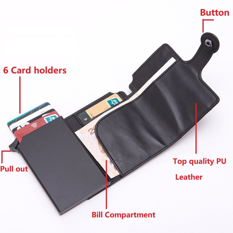 Pop-up RFIDสีดำกระเป๋าสตางค์ผู้ชายRFIDปุ่มบัตรเครดิตผู้ถือโลหะคุณภาพสูงอลูมิเนียมอัตโนมัติเหรียญ