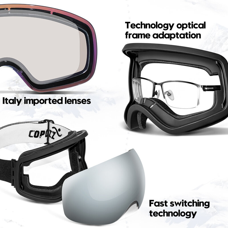 COPOZZ – lunettes de Ski pour hommes et femmes, Protection UV400, Anti-buée, grand visage, Sport de plein air, Snowboard