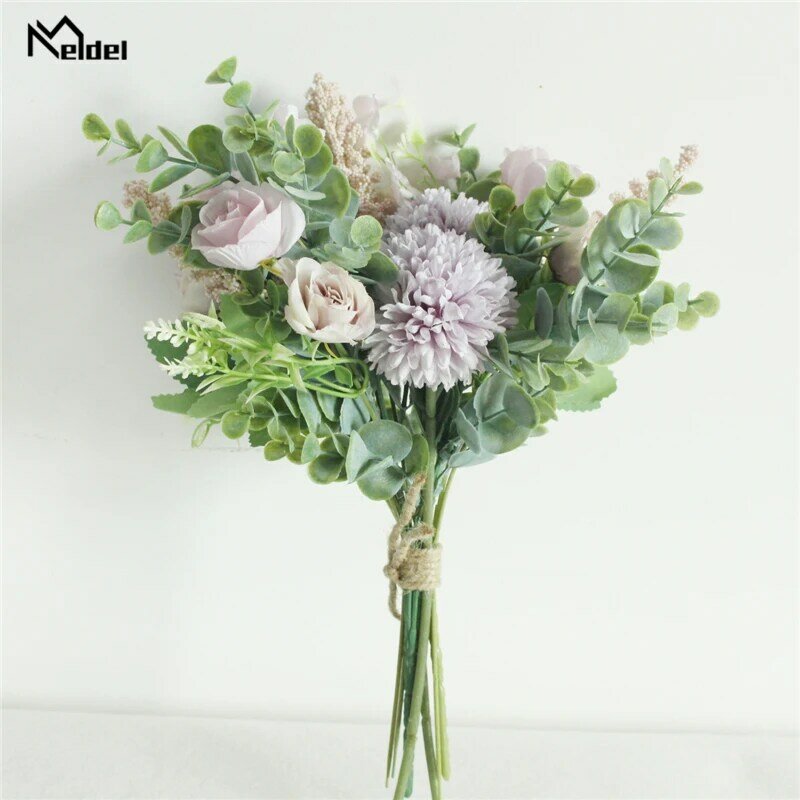 Meldel buquê de flores de casamento, buquê de flores artificiais de seda, rosa, bola da sorte, decoração caseira, buquê de noiva, estilo floresta, eucalipto