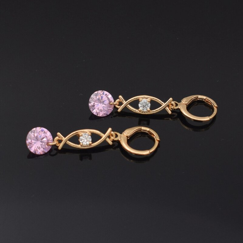 Elegancki Dangle kolczyki dla kobiet kryształ kolczyki z cyrkoniami w kształcie ryby różowy kolor długie różowe złoto 585 kolczyk dla party prezenty