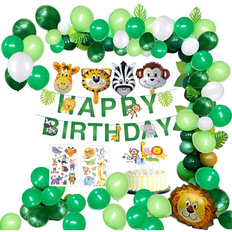 Decoración de jungla, fiesta de cumpleaños, cartel de feliz cumpleaños con hojas de palma, globos pentagonales, decoración de animales de Safari y bosque